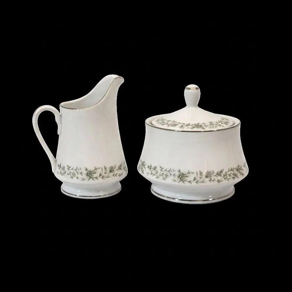 Vintage Mikasa Montclair G9059 Sugar Bowl w Lid & Creamer Set Japan Platinum‎